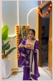 Aara Royal Purple Chinon Silk Palazzo Suit